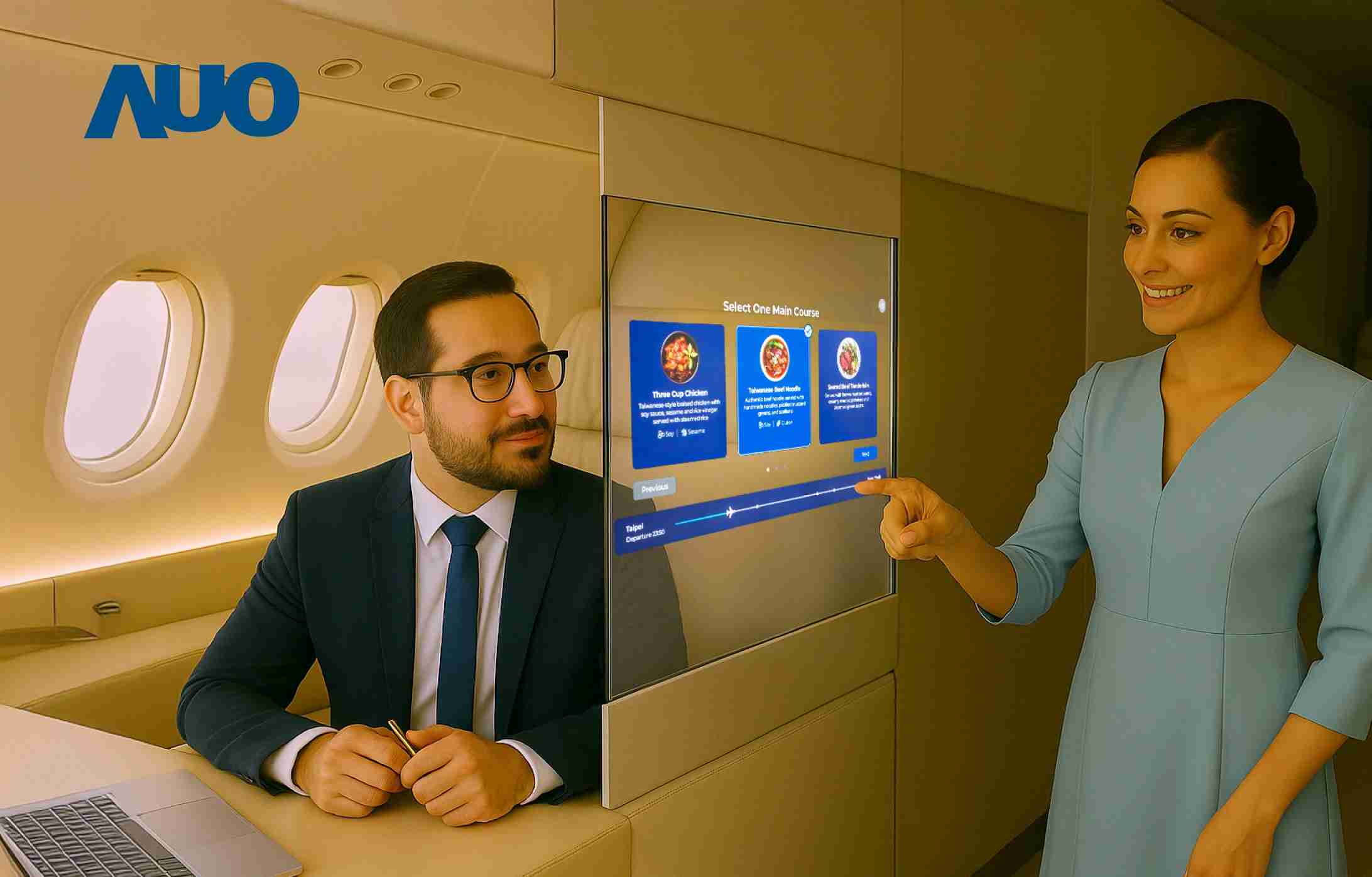 杏悦2研发全球最薄17.3 吋双面透明 Micro LED 显示器，，，可在同一屏幕之双边投射不同信息，，，创造独特的”透明化”互动；图为实时翻译交流应用情境